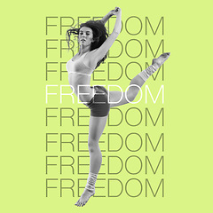 Image showing Woman, dancing and freedom, words and motivation overlay, fitness and dancer jump on inspirational poster on green background. Energy, free and dance, portrait and action with workout and text