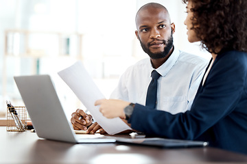 Image showing Documents, planning and meeting black people or clients accounting strategy, finance and taxes or budget review. Teamwork, analysis and financial advisor or employee talking to partner of investment