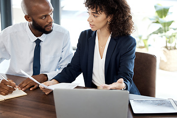 Image showing Discussion, business and black people with paperwork for accounting budget, planning and company portfolio review. Teamwork, financial advisor and analysis of contract, investment or legal consulting