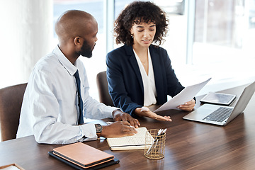 Image showing Meeting, business and black people with documents for accounting budget, planning or company portfolio review. Teamwork, financial advisor and analysis of ideas, investment report or legal consulting