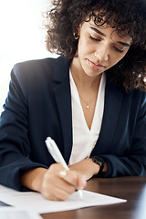 Image showing Paper, writing and woman lawyer in office with document, form and planning on white background space. Legal, firm and female write notes on information, schedule or reminder while working on a case