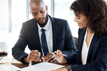 Image showing Business, black man and advisor consulting with paperwork, review report or portfolio documents. Teamwork, consultant and meeting for executive analysis, planning legal feedback or consultation notes