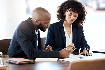 Image showing Contract consulting, business and black people planning of accounting budget, company portfolio or bank review. Teamwork, financial advisor and analysis of notes, investment report or legal paperwork