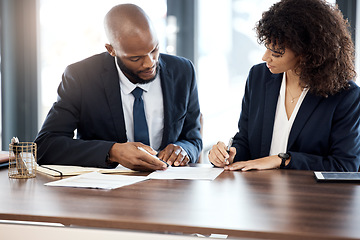 Image showing Documents, business and black people planning with contract for accounting budget, company portfolio or review. Teamwork, financial advisor and analysis of notes, investment report or legal paperwork