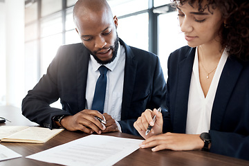 Image showing Documents, business team and black people reading notes for accounting strategy, planning and company portfolio review. Meeting, analysis and executive office contract of legal corporate consulting