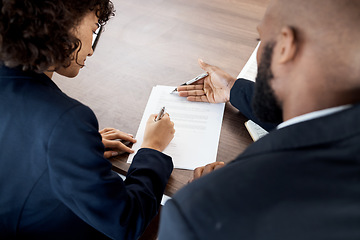 Image showing Black people and business advisor with contract paperwork, review report and portfolio documents. Teamwork, consultant and meeting to sign executive analysis, planning legal collaboration and notes