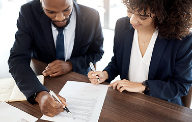 Image showing Top view, business team and people with contract, reading notes and planning company strategy. Teamwork, financial consulting and analysis of documents, investment or legal paperwork of office review