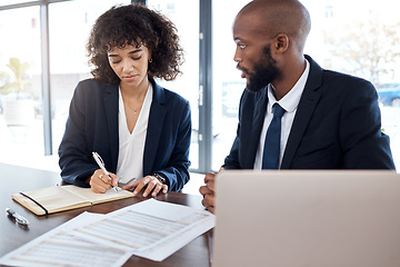 Image showing Lawyer, consultant and documents with a business team working on a desk in an office for growth. Contract, meeting or financial advisor with a man and woman employee at work in collaboration