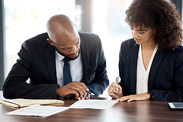 Image showing Teamwork, business and black people reading contract for accounting strategy, planning or company portfolio review. Collaboration, financial advisor and report notes of paper, legal consulting or job