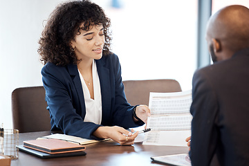 Image showing Business, woman and financial advisor consulting client with paperwork, report and investment documents. Broker, consultant and meeting for teamwork, contract and planning legal feedback consultation
