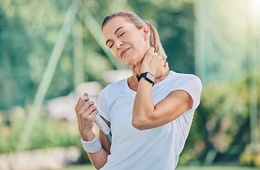 Image showing Fitness, neck pain and tennis training with a mature woman on a outdoor court with mockup and injury. Sports, wellness and workout inflammation of a athlete with joint and muscle problem from sport