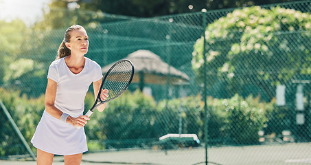 Image showing Senior woman, tennis player and ready in sports game for match or hobby on the court. Elderly female in sport fitness holding racket in stance for training or practice in the outdoors on mockup