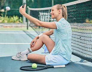 Image showing Tennis, woman and selfie at court during training, fitness and morning routine outdoors. Sports, girl and smartphone photo before match, performance or exercise, workout and smile for profile picture
