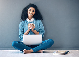 Image showing Brazil, mockup or portrait of black woman on floor on laptop for planning creative idea, strategy or website review. Motivation, happy or startup employee girl on tech for networking or internet blog