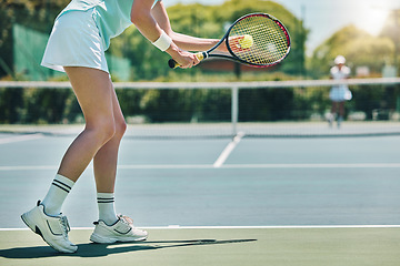 Image showing Tennis serve, sports and woman with legs on outdoor court, fitness motivation and competition with athlete training. Workout, healthy and player on turf, active with sport and exercise with action