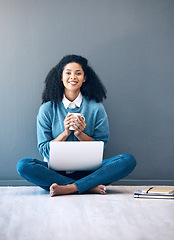 Image showing Laptop portrait, mockup or black woman on floor of startup for planning creative idea, strategy or website review. Motivation, happy or girl employee in Brazil on tech for networking or blog news