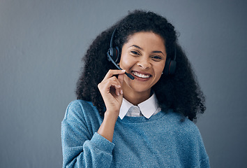 Image showing CRM, callcenter face or black woman smile for success B2B deal, support or telemarketing in studio background. Happy or customer service consultant portrait for contact us, telecom or sales network