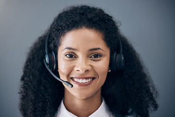 Image showing CRM, customer service face or black woman smile for success B2B deal, support or telemarketing in studio background. Happy or callcenter consultant portrait for contact us, telecom or sales network