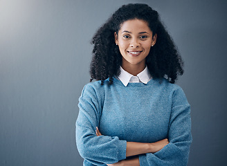 Image showing Business woman, happy portrait and smile with arms crossed for professional leader mockup space. Face of Colombia entrepreneur black person with motivation, pride and smile for vision grey background