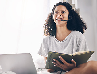 Image showing Writing, remote work or happy black woman in call center with pride helping, talking or networking online. Books, consulting or insurance agent in communication at customer services or sales at home