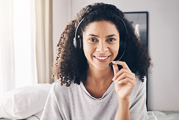 Image showing Portrait, remote work or happy consultant in call center with pride helping, talking or networking online. Face, black woman or insurance agent in communication at customer services or sales at home