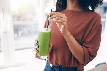 Image showing Hands, smoothie and straw with a black woman drinking a health beverage for a weight loss diet or nutrition. Wellness, mock up and drink with a healthy female enjoying a fresh fruit juice at home