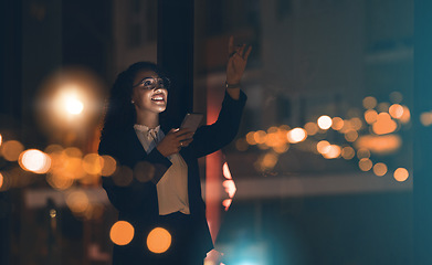 Image showing Black woman, phone and night business with bokeh mockup lights for network connection idea. Happy entrepreneur person smartphone ux interface in dark office for networking, contact and communication