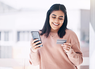 Image showing Customer, phone or credit card for online shopping, e commerce or home internet banking on fintech app. Smile, happy or ecommerce woman on mobile technology for house retail or website mockup payment