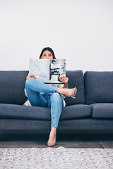 Image showing Wow, magazine or woman reading newspaper articles for trendy information on house sofa with wall mockup. Story, surprised or shocked person studying abstract art for knowledge or press announcement