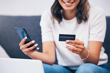 Image showing Ecommerce, hands or woman with credit card or phone for a digital payment on sofa relaxing at home. Smile, finance or happy girl online shopping for subscription sales offer, banking or fintech deal