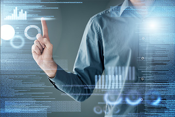 Image showing Man, finger and overlay for data analytics by chart and tech innovation for planning in office. Information technology expert, 3d holographic or hand for iot design, focus or fintech in night