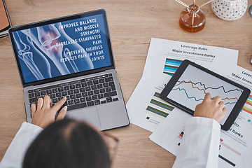 Image showing Medical, laptop data analysis or doctors hands with tablet, report or documents for knee surgery review. Medicine paper, study or nurse on chart for healthcare learning, wellness science or research