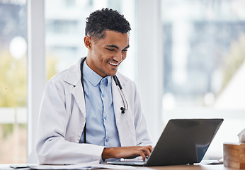 Image showing Happy, black man doctor or laptop on internet medical research data, email or healthcare medicine report. Science, success or nurse smile on tech for hospital schedule, surgery agenda or clinic web