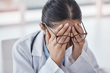 Image showing Burnout, stress or doctor woman with headache in office from depression, mental health or anxiety medical review. Tired, pain or sad nurse frustrated, angry or depressed from medicine report mistake