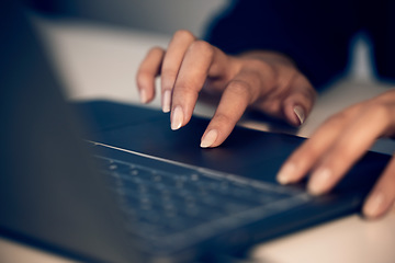 Image showing Hands, business woman and typing on laptop in office, working on email or project online. Technology, computer keyboard and female professional writing reports, planning or internet research at night