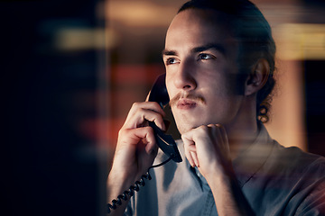 Image showing Phone call, thinking and business man on telephone talking, chatting or speaking to contact at night. Technology, ideas or male working late while networking, discussion or contemplating conversation