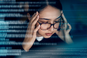 Image showing Programming, coding and stress with woman at night for 404, headache and digital transformation glitch. Frustrated anxiety and crisis with employee and deadline for media, database and matrix