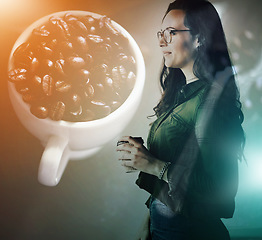 Image showing Double exposure, coffee beans and woman with cup, thinking and idea for innovation at tech startup. Female business owner, holographic display or overlay with drink in hands for motivation at cafe