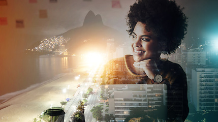 Image showing Woman, office and night with thinking by double exposure city, smile and planning for future goal. Corporate vision, 3d holographic metro and idea for career goals, solution and brainstorming in dark