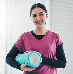 Image showing Portrait, woman and yoga mat for meditation, wellness and fitness for balance, workout and smile. Face, female yogi and lady with happiness, pilates training and focus for growth and health in studio