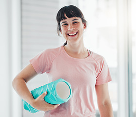 Image showing Portrait, yoga and fitness with a woman in studio for wellness, mental health or inner peace. Exercise, zen and chakra with a happy female standing in gym for faith, mindfulness or spiritual balance