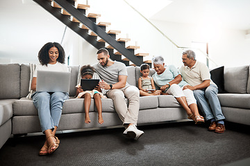 Image showing Family addicted to technology devices, social media and the internet in a home or house connected to wifi. Online, laptop and tablet by distracted people, grandparents and children with parents