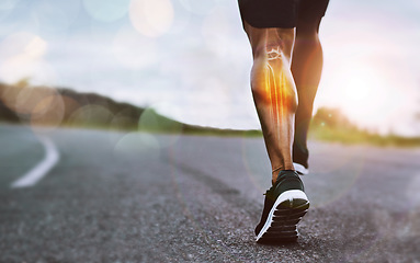 Image showing Runner legs, outdoor street space and mockup with x ray, joint pain and exercise in nature for wellness. Man, running and road with sneakers, running shoes and training in summer sunshine for health