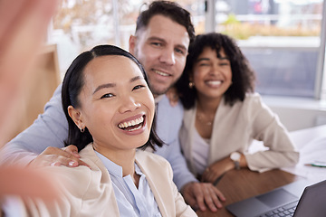 Image showing Selfie, happy and portrait of business people in office planning corporate project in collaboration. Excited, smile and professional team taking picture together while working on report in workplace.