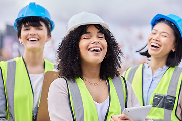 Image showing Construction, collaboration and friends laughing while working on a tablet on an architecture project. Building, teamwork or portrait with an engineer, designer and technician having a laugh together