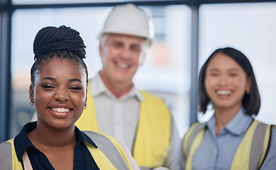 Image showing Engineering, diversity and portrait of a industrial team working on a construction project. Collaboration, multiracial and group of industry workers doing maintenance or repairs at an indoor site.