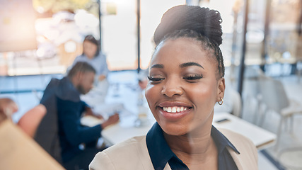 Image showing Planning, office and woman writing on a board for a project in conference room with team. Business, professional and African female employee working on corporate strategy with colleagues in workplace