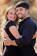 Image showing Portrait, love and couple hug, smile and celebration for partnership, marriage and relationship. Face, man and woman embrace with happiness, dating and loving with romance, bonding and Valetines day