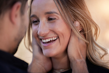 Image showing Love, happy and woman looking at her boyfriend while on romantic date for valentines day. Happiness, smile and man holding the face of girlfriend to bond with intimacy, affection and romance outdoors