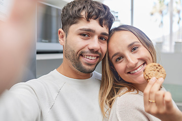 Image showing Cookie, love and selfie with couple, smile and happiness in the morning, celebration for Valentines day and cheerful together. Portrait, man and woman with biscuit, loving or bonding for relationship